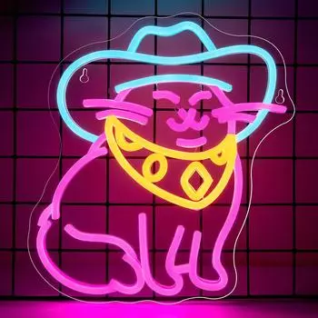 Blue Cowboy Hat Cat Neon Sign, LED Neon Signs for Wall Decor, Cat Bedroom Decor, Cat Lover Gifts, Cat Wall Decor Other