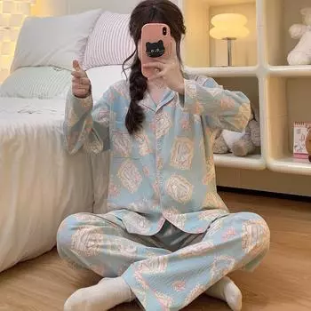Blue Cute Print Turndown Collar Women Pajama Long Sleeve Top & Elasticated Waist Pants Sleepwear Autumn Winter Soft Pajamas M