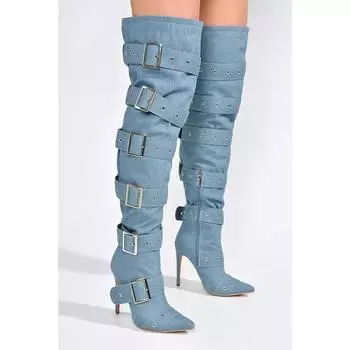 Blue Denim Sexy Sliver Buckled Thigh High Boots Women s Black Leather Pointed Toe High Heels Long Boot Luxury Design Party Shoes 34