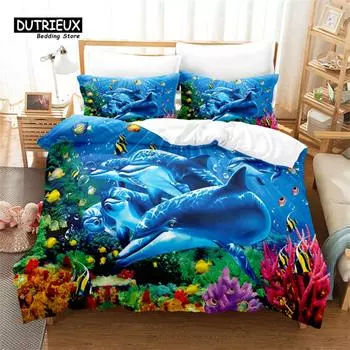 Blue Dolphin Design Duvet Cover Set, Fashion Bedding Set, Soft Comfortable Breathable Duvet Cover, For Bedroom Guest Room Decor EU single(135x200cm)