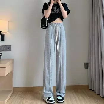Blue Drawstring Wide Leg Pants For Women In Summer, Thin, High Waist, Vertical, Midline, Floor Length Pants, Small Casual Straight Pants M серый