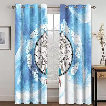 Blue Dream Catcher Printed Woven Curtains Two Independent Curtains on The Left and Right Blackout Curtains for The Bedroom 132cmx160cm