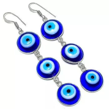 Blue Evil Eye Gemstone Handmade 925 Sterling Silver Jewelry Earring 3.03 B5Y79