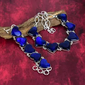 Ожерелье и браслет из серебряного лабрадорита 925 пробы, потрясающий комплект ювелирных изделий ручной работы, ювелирные изделия из драгоценных камней лабрадорита для нее Adjustable With 8 -18 синий