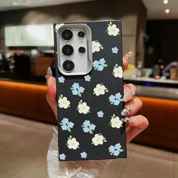 Blue Flower Print Matte Leather Texture Case For Samsung S24 FE S23 Ultra S22 S21 A55 A16 A54 A35 A15 A34 A52 A14 Shockproof TPU Soft Slim Phone Cover Samsung S24 FE чёрный