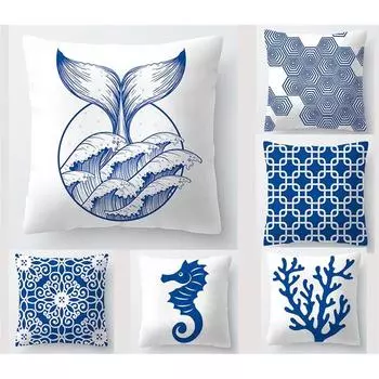 Blue Geometric Pillowcase Sea Life Sofa Cushion Cover Living Room Bedroom Pillow 40x40cm