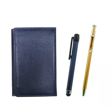 Blue grained leather business card blue metal touch and slim 60 gold ballpoint pen set holder, stick, MEIL-ALL-SV60KBP