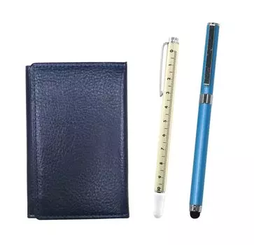 Blue grained leather business card holder with slide measuring smartphone touch and metal cap ballpoint pen extra set stick, function, (Blue
