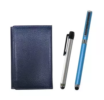 Blue grained leather business card holder with extra set of metal touch silver pen and smartphone touch metal cap ballpoint pen (blue