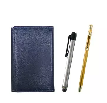 Blue grained leather business card Metal Touch Silver pen and Slim 60 gold ballpoint pen set holder, (MEIL-ALST-SV60KBP)