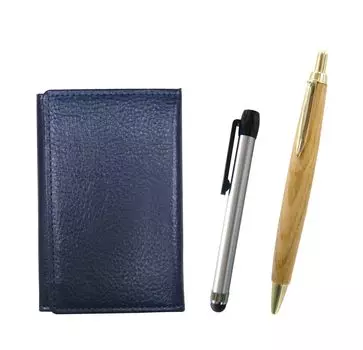 Blue grained leather business card metal touch silver pen and maple wood barrel retro ballpoint pen set holder, MEIL-ALST-HS47S