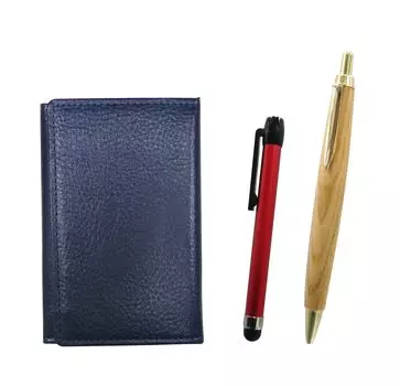 Blue grained leather business card red metal touch and retro maple wood barrel ballpoint pen set holder, stick, (MEIL-ALR-HS47S)