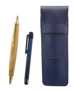 Blue grained leather pen blue metal touch and retro maple wood barrel ballpoint pen set case, stick, (SASL-ALL-HS47S)