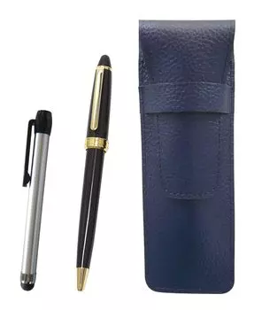 Blue grained leather pen case with a metal touch silver pen and a Neo ballpoint pen set in black D-600 (SASL-ALST-600B-B)