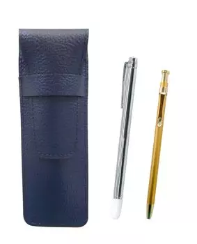 Blue grained leather pen case with a metal pointer and a slim 60 gold ballpoint pen set (SASL-701S-SV60KBP)