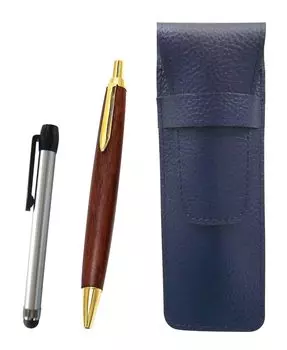Blue grained leather pen case with a silver pen and brown wooden retro ballpoint pen set metal-touch (SASL-ALST-HS48S)