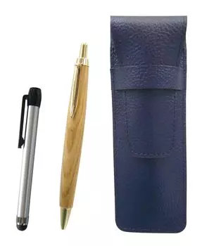 Blue grained leather pen case with a silver pen and a retro maple wood barrel ballpoint pen set metal-touch (SASL-ALST-HS47S)
