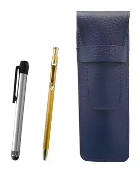 Blue grained leather pen case with a silver metal touch pen and a set of 60 gold slim ballpoint pens (SASL-ALST-SV60KBP)