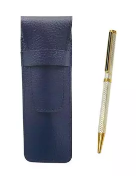 Blue grained leather pen case with a silver brass hexagon rotating gold ballpoint pen set Two-pack (SASL-6KSBP-S-2)