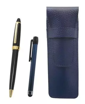 Blue grained leather pen case with blue metal touch stick and Neo ballpoint pen set D-600 (black) SASL-ALL-600B-B