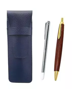 Blue grained leather pen case with metal pointer and brown wooden retro ballpoint pen set SASL-701S-HS48S-2 2-pack