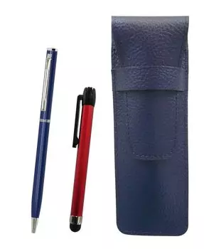 Blue grained leather pen case with red metal touch stick and slim rotating ballpoint pen set (SASL-ALR-PD04-L)