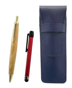 Blue grained leather pen case with red metal touch stick and retro maple wood barrel ballpoint pen set (SASL-ALR-HS47S)