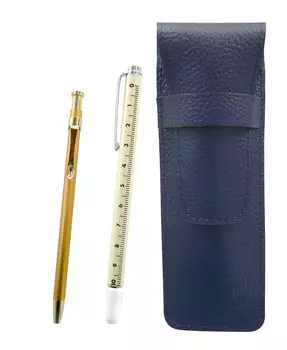 Blue grained leather pen case with slide measuring stick and slim 60 gold ballpoint pen set (SASL-708W-SV60KBP)