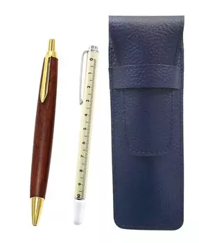 Blue grained leather pen case with slide measuring stick and brown wooden retro ballpoint pen set (SASL-708W-HS48S)