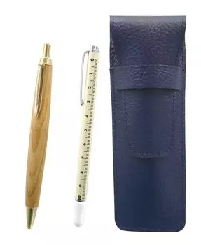 Blue grained leather pen case with slide measuring stick and retro maple ballpoint pen set (SASL-708W-HS47S)