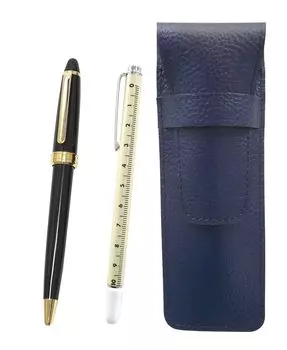 Blue grained leather pen case with slide measuring stick and Neo ballpoint pen set D-600 (black) SASL-708W-600B-B