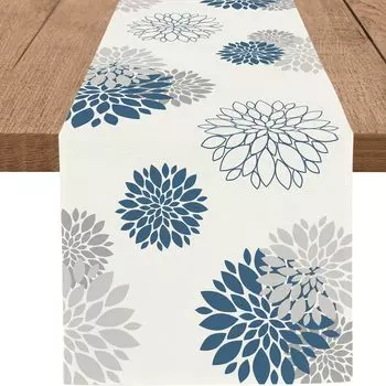 Blue Gray Dahlia Flower Linen Table Runners Washable Farmhouse Dresser Scarf Dining Table Decor Holiday Wedding Party Decoration 150x33cm 59x13inch