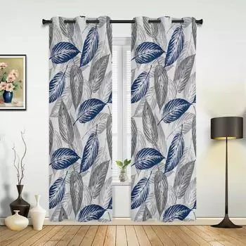 Сине-серая текстура листвы Современные шторы на окна с высокой степенью затемнения для гостиной, спальни, плотные затемняющие шторы для дома, занавески для штор W55 X H120cm X 2&HOOK