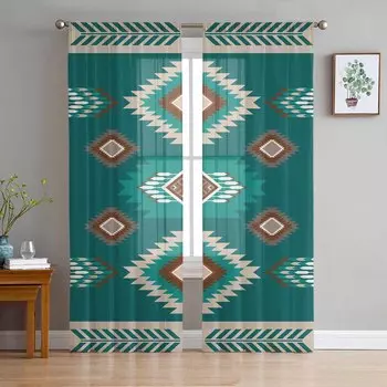 Сине-зеленые шторы из тюля в стиле бохо для гостиной, спальни, отеля, роскошное украшение, прозрачные шторы 135W x 114H(cm)