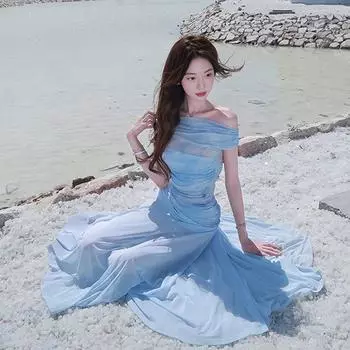 Blue Grenadine Sleeveless Dress Women s Summer Travel Seaside Photograph Vacation Style Silm Beautiful Sheath Dress Blue S