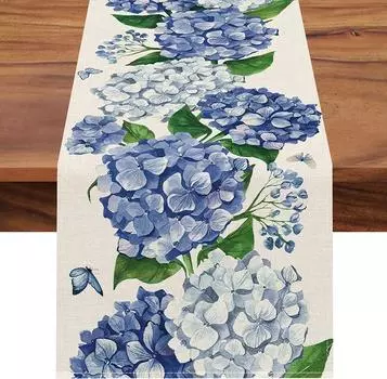 Blue Hydrangea Floral Linen Table Runners Seasonal Flowers Dresser Scarf Table Decor Holiday Wedding Party Kitchen Dining Decor 150x33cm 59x13inch