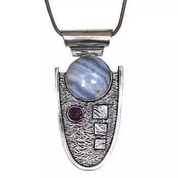 Blue Lace Agate Amethyst Gemstone Mother s Day Silver Jewelry Pendant 2.5