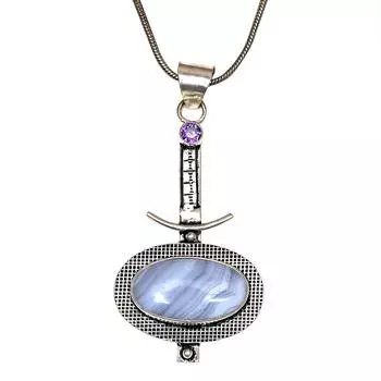 Blue Lace Agate Amethyst Gemstone Mother s Day Silver Jewelry Pendant 2.5