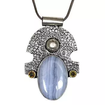 Blue Lace Agate Citrine Gemstone Mother s Day Silver Jewelry Pendant 2.5