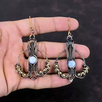 Серьги из голубого кружевного агата, серьги из медной проволоки с драгоценными камнями, серьги из голубого кружевного агата, медные украшения ручной работы, новейший дизайн, серьги в подарок для матери