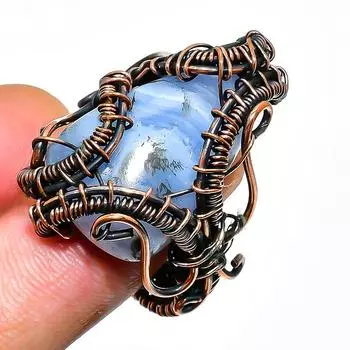 Ювелирное кольцо ручной работы с синим кружевным агатом и медной проволокой, размер 9,5