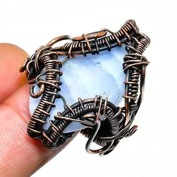 Кольцо с синим кружевным агатом, драгоценным камнем, ручной работы, медная проволока, размер 11