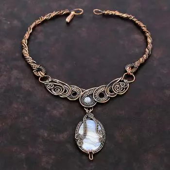 Ожерелье из голубого кружевного агата, ожерелье из медной проволоки, радужное ожерелье из драгоценных камней, изумительное медное украшение для подарка, ожерелье ручной работы