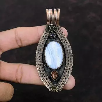 Blue Lace Agate Pendant Copper Wire Wrapped Pendant Real Gemstone Jewelry Mahogany Obsidian & Blue Sunstone Pendant Handmade Copper Jewelry