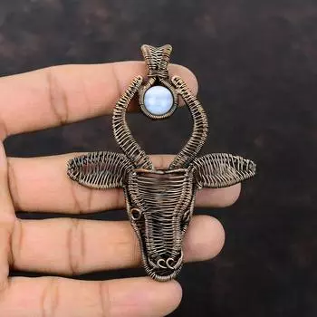 Blue Lace Agate Pendant Copper Wire Wrapped Pendant Handmade Pendant Copper Jewelry Natural Gemstone Pendant Gift For Wife Bull Face Jewelry