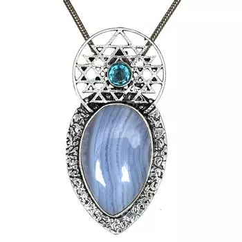 Blue Lace Agate Sky Blue Topaz Mother s Day Silver Jewelry Pendant 2.25