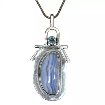 Blue Lace Agate Sky Blue Topaz Mother s Day Silver Jewelry Pendant 2.75