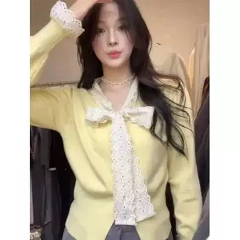 Blue Lace Bow V-neck Sweater Knit Women Spring and Autumn Milk Huhoo Wear Sweet Soft Glutinous Long sleeve Top Yellow L