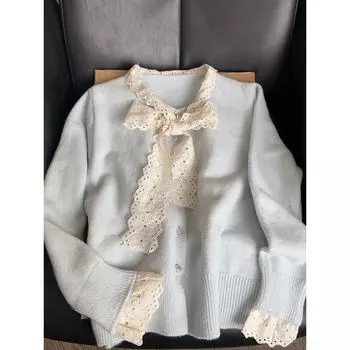 Blue Lace Bow V-neck Sweater Knit Women Spring and Autumn Milk Huhoo Wear Sweet Soft Glutinous Long sleeve Top Light blue XL
