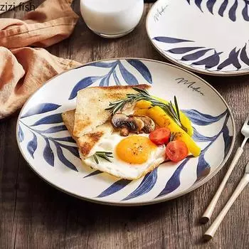 Blue Leaf Ceramic Shallow Plate Creative Steak Plate Dessert Plate Salad Plates Sushi Snack Plates Hotel Featured Tableware